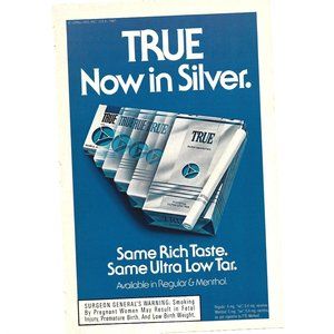TRUE Silver Menthol Cigarette Ads 1980s Vintage Print Ad